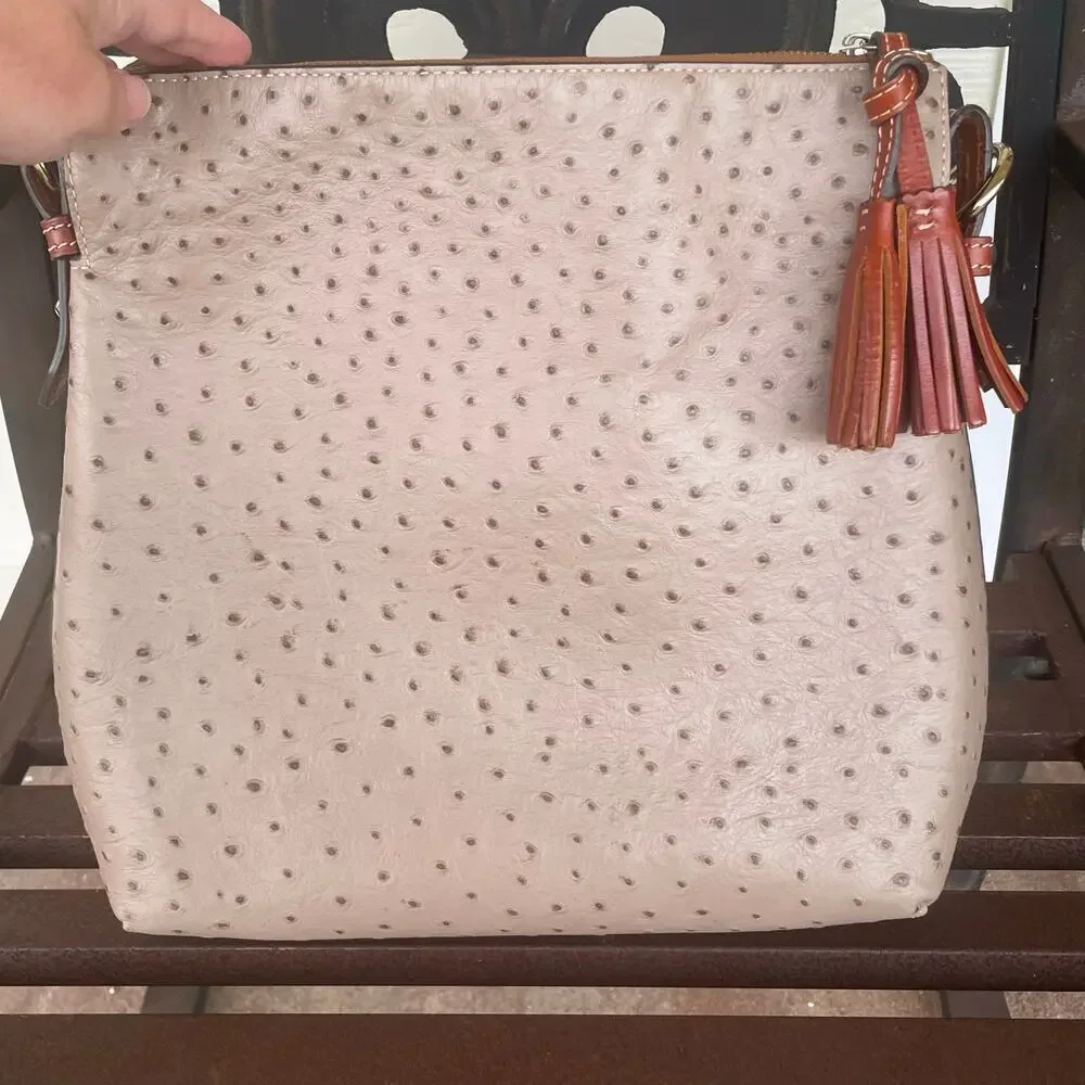 Dooney & Bourke Twist Strap Ostrich Hobo Shoulder Bag Red Interior Tassel Taupe